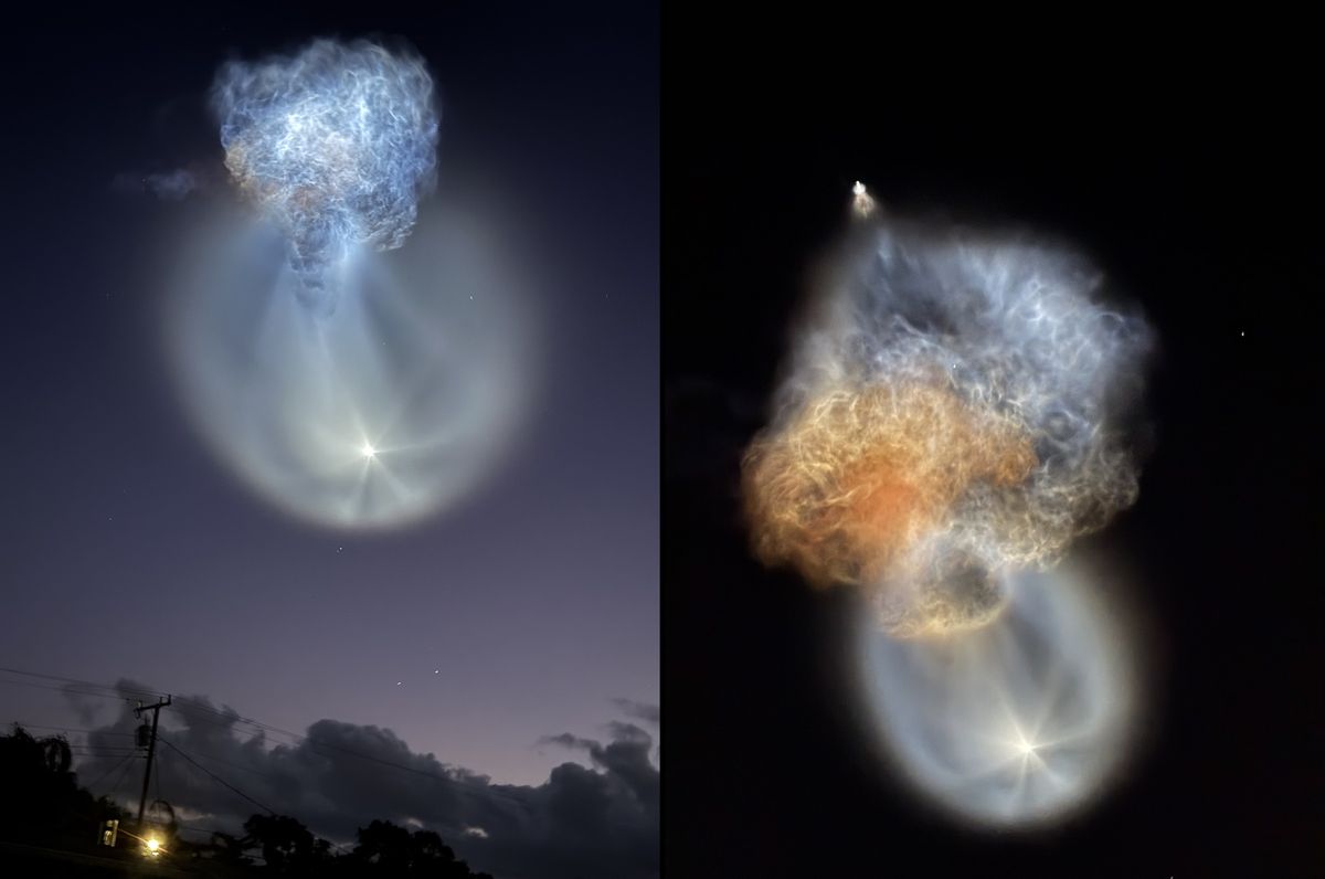 Two photos side by side: a glowing jellyfish-shaped rocket plume over a dark treeline at twilight, and a close-up of the orange and blue exhaust plume with the rocket a bright point above it