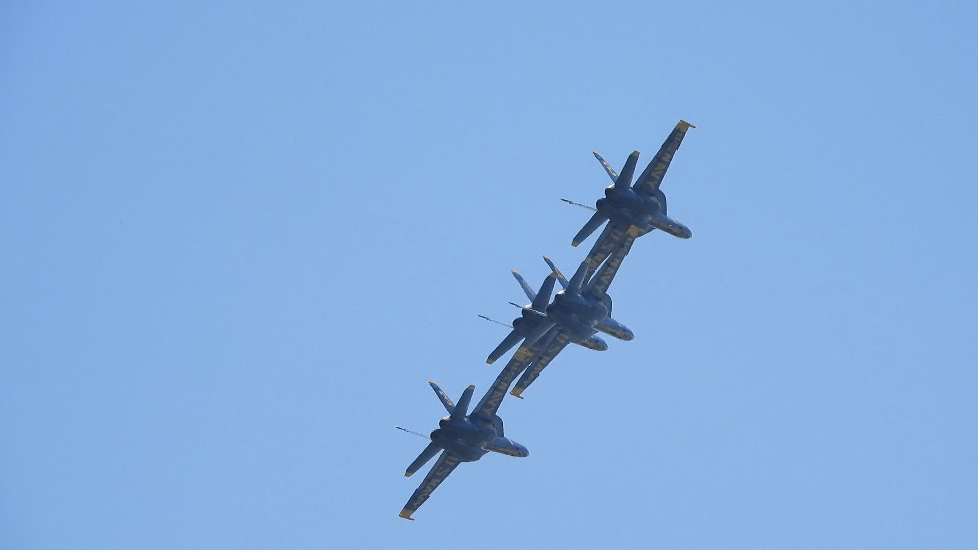 Four jets in a steep diagonal stack, seen from below
