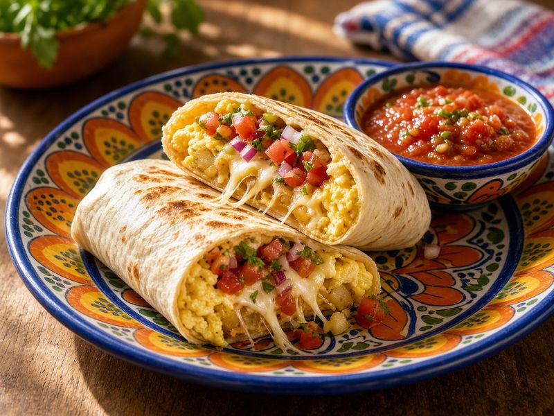 AI-generated illustration: Flying Burro's breakfast burrito cut in half with eggs, potatoes, cheese and pico, salsa on the side. Based on the menu description, not an actual photo of this dish.