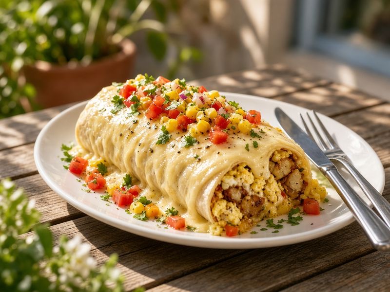 AI-generated illustration: 4th Street Fillin Station's Knife & Fork Burrito smothered in queso with tomato, cilantro and corn salsa. Based on the menu description, not an actual photo of this dish.