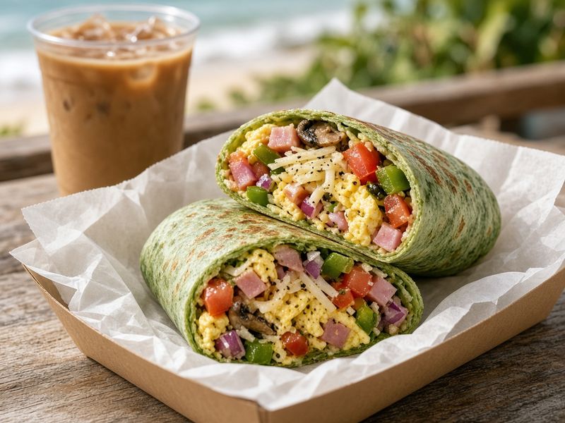 AI-generated illustration: Juice N Java's Beach Burrito in a spinach wrap with ham, peppers, mushrooms and green chilies. Based on the menu description, not an actual photo of this dish.