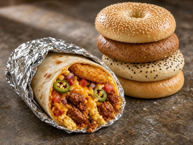 AI-generated illustration: Salty Bagel's Southwest Burrito with chorizo, jalapeΓ±os and a hashbrown, next to a stack of bagels. Based on the menu description, not an actual photo of this dish.