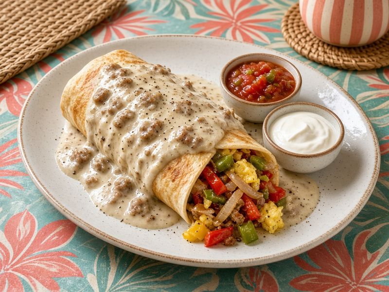 AI-generated illustration: Island Gecko Grill's Country Burrito covered in sausage gravy, salsa and sour cream on the side. Based on the menu description, not an actual photo of this dish.