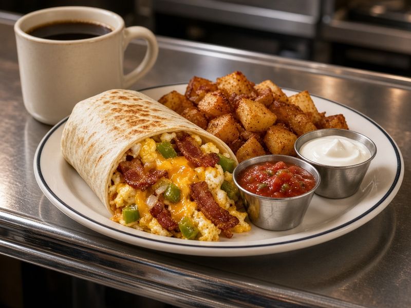 AI-generated illustration: Jersey Brothers Diner's breakfast burrito with bacon, cheddar and green peppers, home fries, salsa and sour cream. Based on the menu description, not an actual photo of this dish.