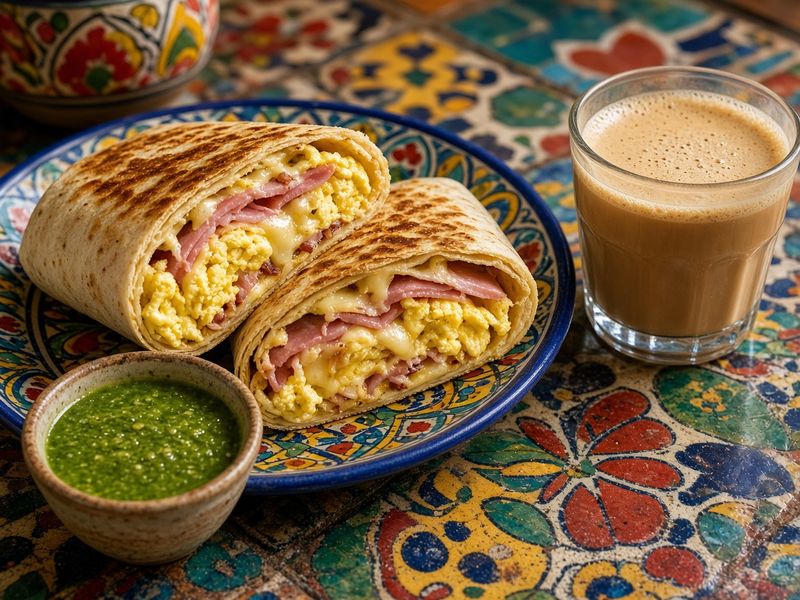 AI-generated illustration: Henry's Cuban Cafe's breakfast burrito with ham and egg, cilantro sauce and a cafe con leche. Based on the menu description, not an actual photo of this dish.