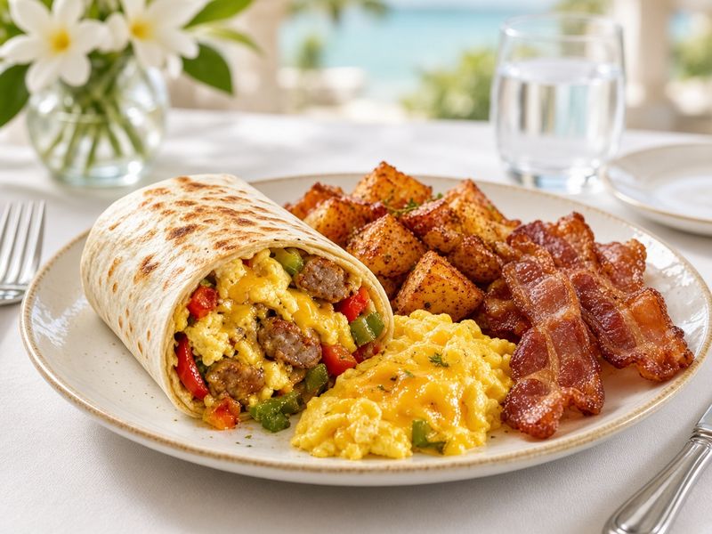 AI-generated illustration: The Starlite's breakfast burrito plate with breakfast potatoes and bacon. Based on the menu description, not an actual photo of this dish.