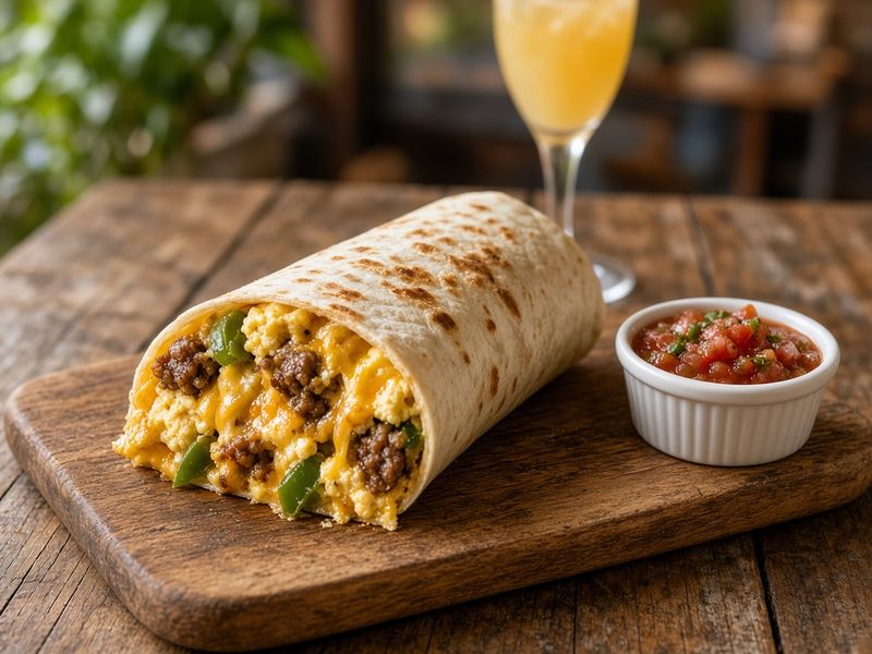 AI-generated illustration: a southwest-style breakfast burrito with egg, sausage, cheese and green peppers on a wooden board. Based on the menu description, not an actual photo of this dish.