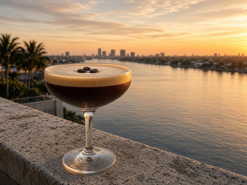 AI-generated illustration: Pineapples' espresso martini on a rooftop ledge over the river at sunset. Based on the menu description, not an actual photo of this dish.