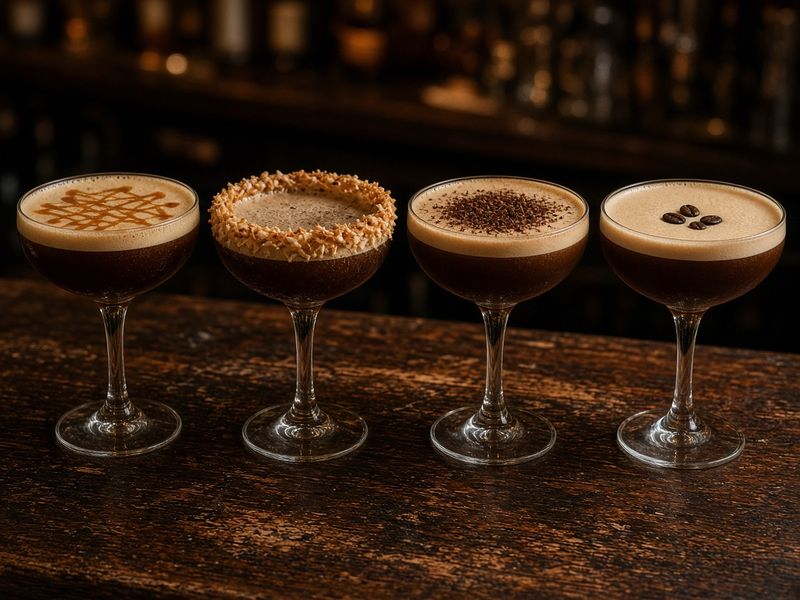 AI-generated illustration: The Alibi's four espresso martinis: classic, salted caramel, coconut and cookie butter. Based on the menu description, not an actual photo of this dish.