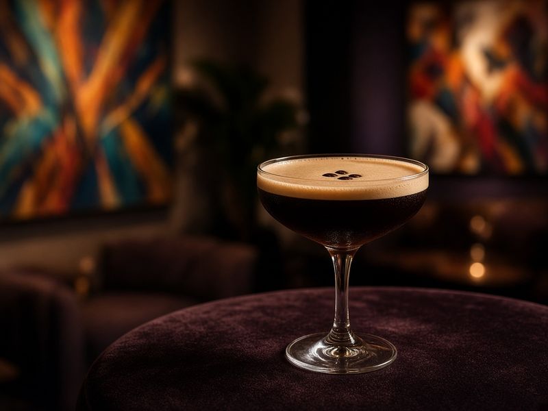 AI-generated illustration: The Oleander Club's "Holy Trinity" espresso martini in a moody lounge. Based on the menu description, not an actual photo of this dish.