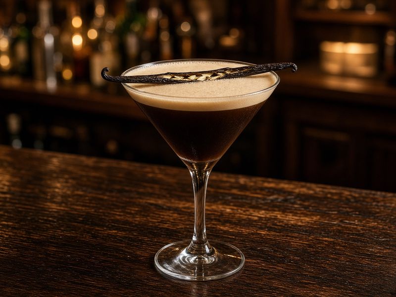 AI-generated illustration: Hemingway's Tavern's "The Espresso" martini with a Madagascar vanilla bean garnish. Based on the menu description, not an actual photo of this dish.