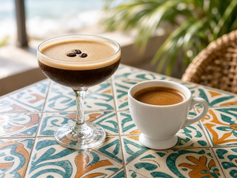 AI-generated illustration: Cuban Island's espresso martini with a café Cubano on the side. Based on the menu description, not an actual photo of this dish.