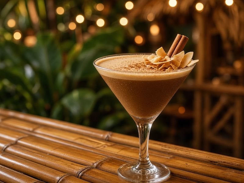 AI-generated illustration: Dirty Birds' Coco Cinn espresso martini with coconut and a cinnamon stick on a tiki bar. Based on the menu description, not an actual photo of this dish.