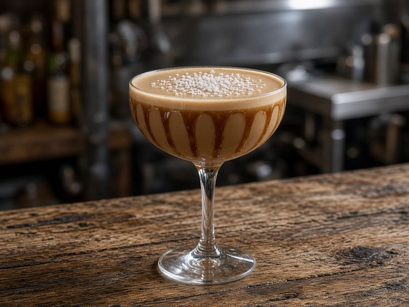 AI-generated illustration: 4th Street Fillin Station's vanilla espresso martini with a salted caramel swirl. Based on the menu description, not an actual photo of this dish.
