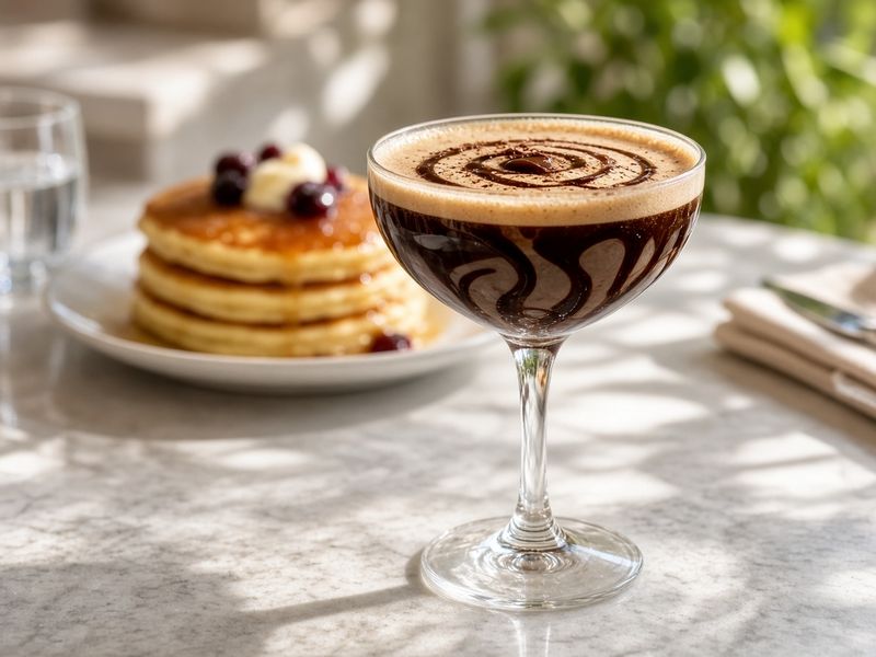 AI-generated illustration: Melbourne Kitchen's espresso martini with chocolate drizzle at brunch. Based on the menu description, not an actual photo of this dish.