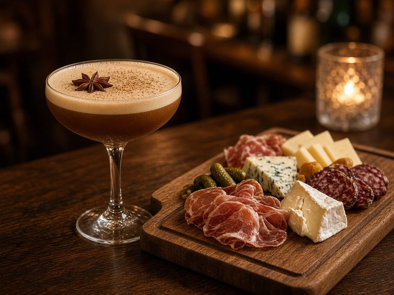 AI-generated illustration: Boardroom Cocoa Beach's Maple Spice Espresso Tini with a charcuterie board. Based on the menu description, not an actual photo of this dish.