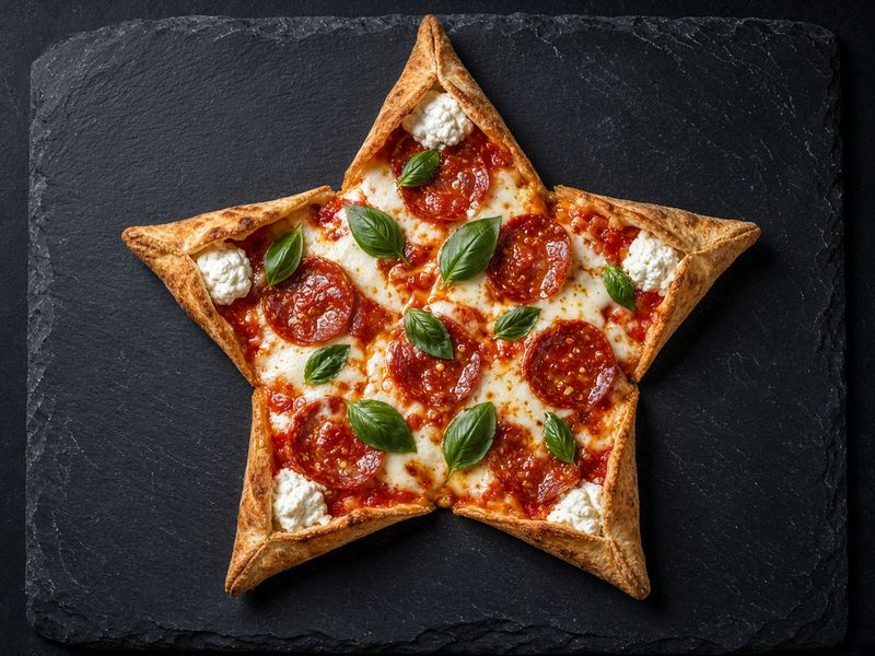 AI-generated illustration: Mister O1's Star Luca: a star-shaped pizza with ricotta-filled points, salami calabrese and basil. Based on the menu description, not an actual photo of this dish.