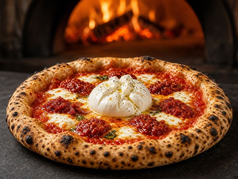 AI-generated illustration: Mangia & Bevi's Neapolitan nduja pizza topped with fresh burrata. Based on the menu description, not an actual photo of this dish.