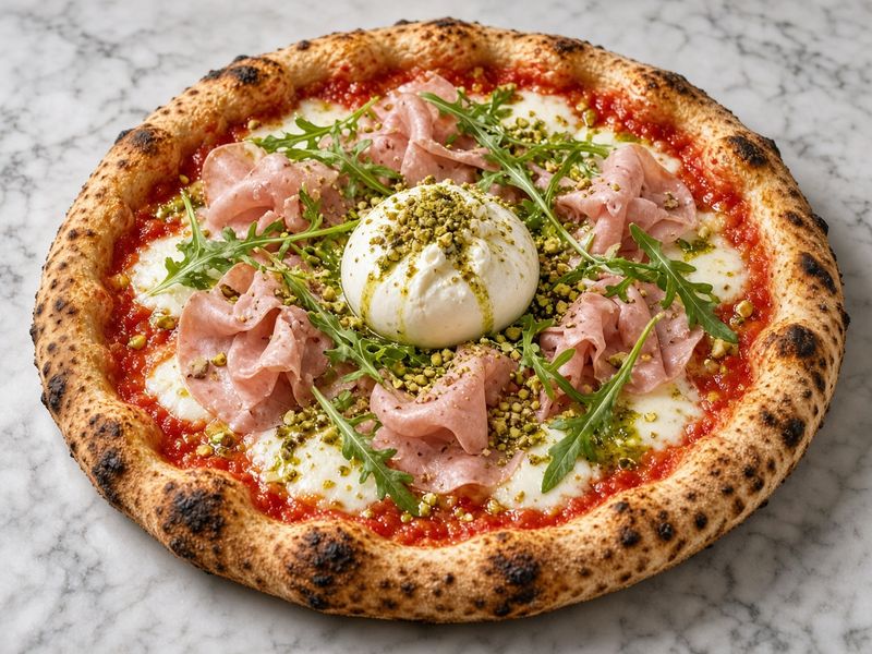AI-generated illustration: Botta's Mortadella Burrata pizza with pistachios, arugula and burrata. Based on the menu description, not an actual photo of this dish.