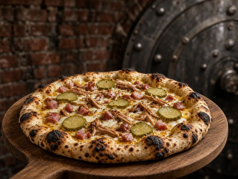 AI-generated illustration: FM Pizza Oven's Cuban pizza with pulled pork, smoked ham, Swiss and pickles. Based on the menu description, not an actual photo of this dish.