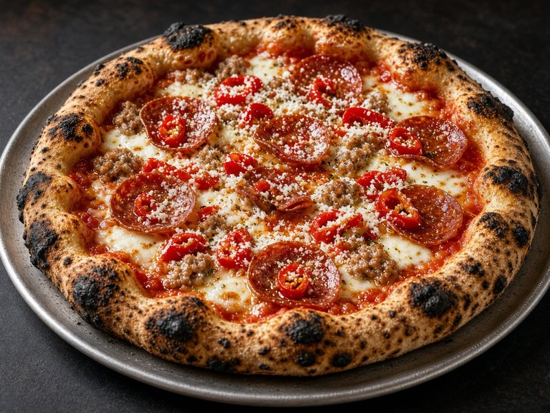 AI-generated illustration: Genna Pizza Company's coal-fired Godfather pizza with soppressata, sausage and cherry peppers. Based on the menu description, not an actual photo of this dish.