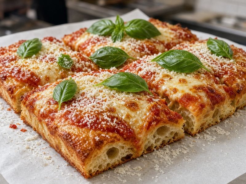 AI-generated illustration: The GOAT's Nonna: a square pan-style cheese pizza with fresh basil and Romano. Based on the menu description, not an actual photo of this dish.
