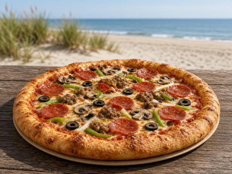 AI-generated illustration: Pappagallo's hand-tossed Deluxe pizza near the ocean. Based on the menu description, not an actual photo of this dish.