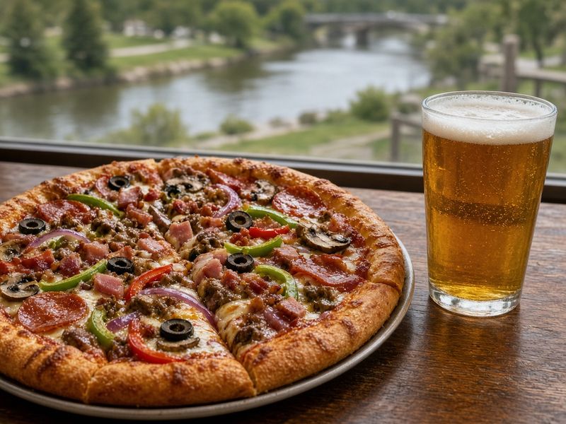 AI-generated illustration: Ryan's Special pizza loaded with meats, peppers, mushrooms and olives, with a beer. Based on the menu description, not an actual photo of this dish.