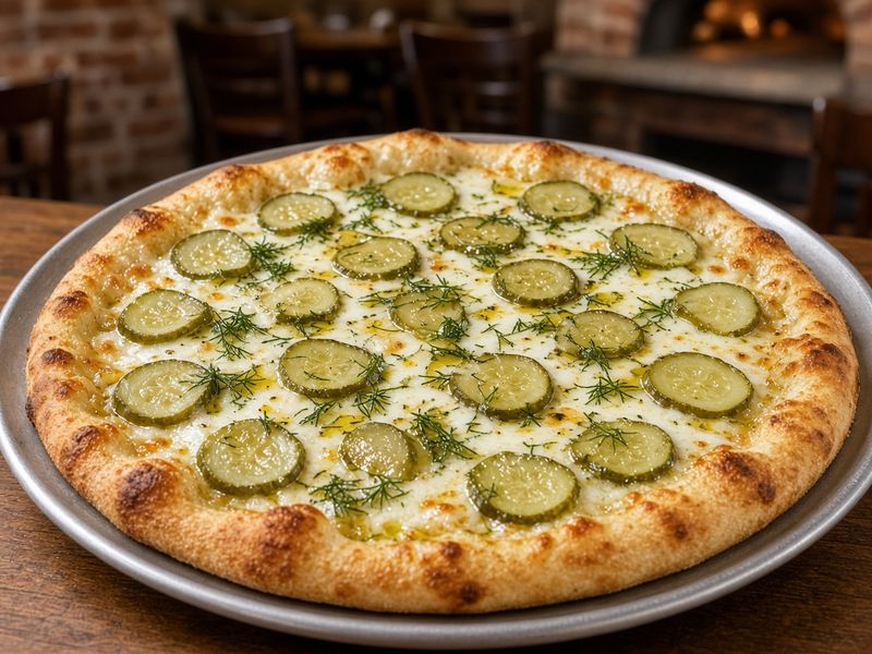 AI-generated illustration: Humpavelli's Pickle Pizza with dill pickles and extra mozzarella on a garlic oil base. Based on the menu description, not an actual photo of this dish.