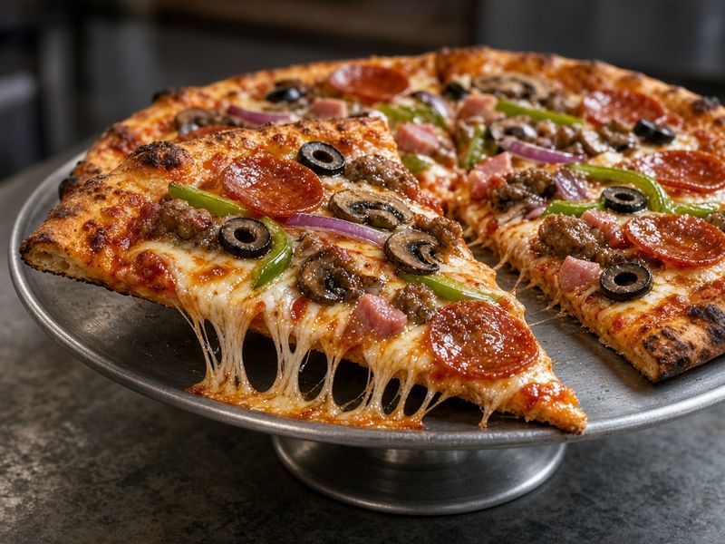 AI-generated illustration: Bizzarro Supreme pizza with pepperoni, sausage, peppers, onions and olives. Based on the menu description, not an actual photo of this dish.