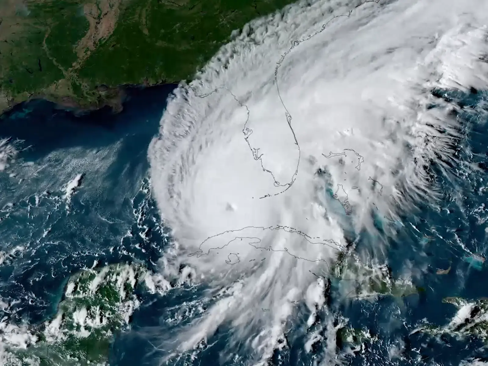 Satellite view of Hurricane Ian approaching Florida at sunset, September 27, 2022