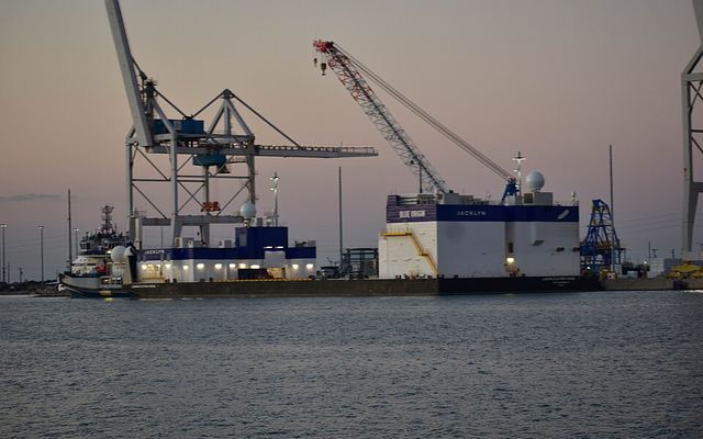 Blue Origin landing barge Jacklyn docked at Port Canaveral