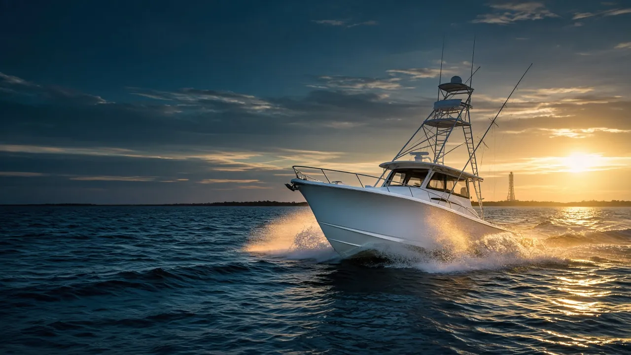 Sportfishing boat running offshore at sunrise off the Space Coast (AI-generated illustration)