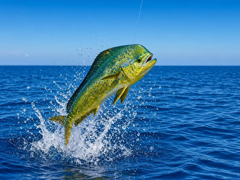 Mahi-mahi leaping on the line (AI-generated)