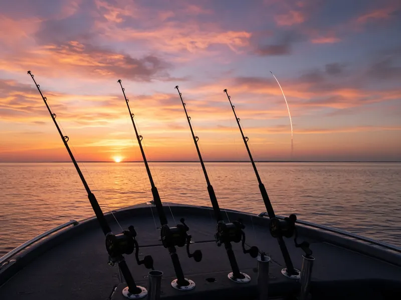 Sunset from the bow with rods in holders (AI-generated)