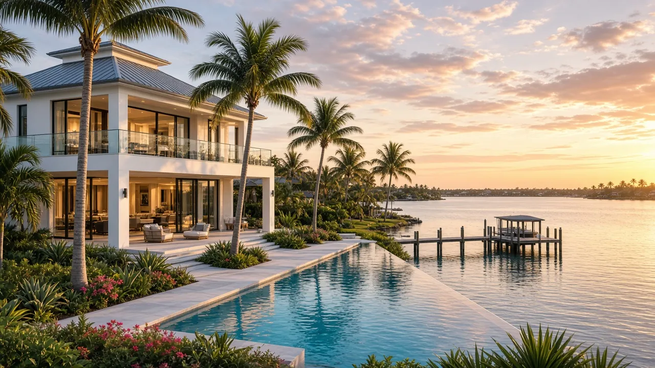 Sample ad photo: a white waterfront home with palms and a pool at sunset (AI-generated illustration)