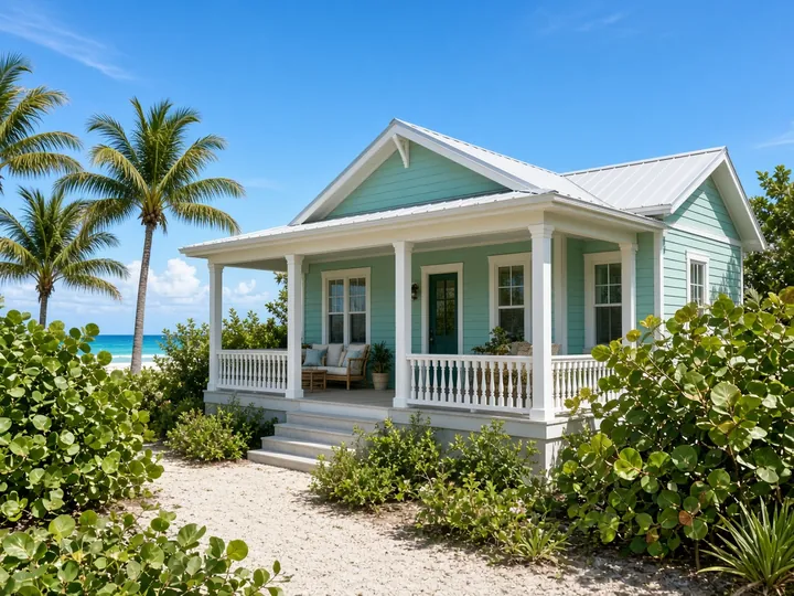 Sample photo: a teal beach cottage with palms (AI-generated illustration)