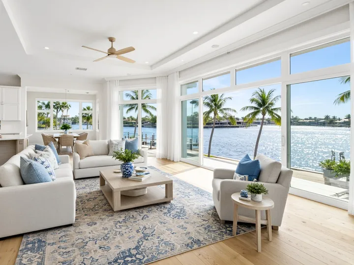 Sample photo: a bright living room overlooking a river (AI-generated illustration)